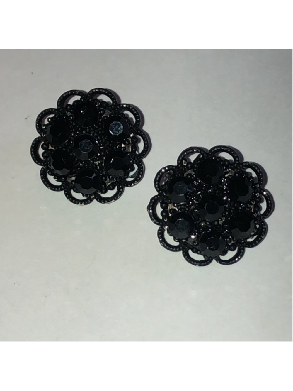 Black Rhinestones Floral Cluster Vintage Clip On Earrings